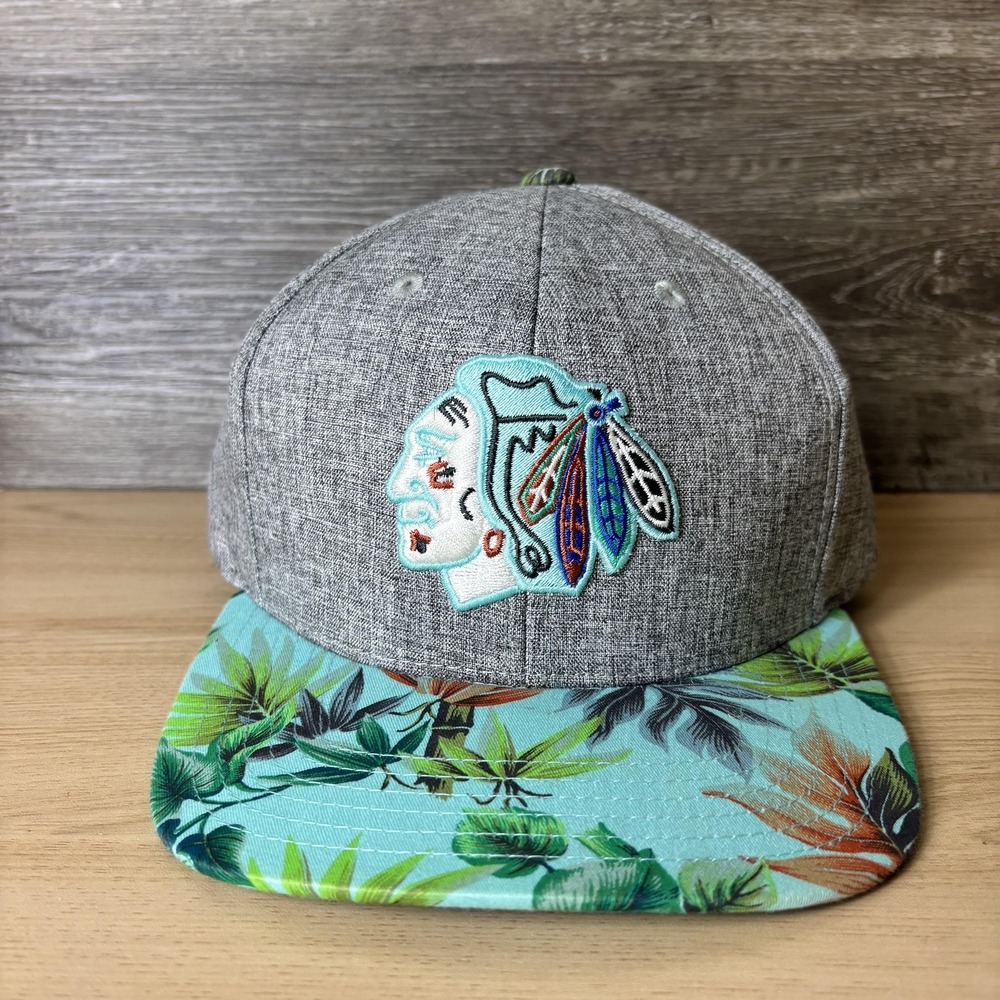 Chicago Blackhawks Hat Cap Strap Back Mens Gray Teal NHL Hockey Tropical Floral